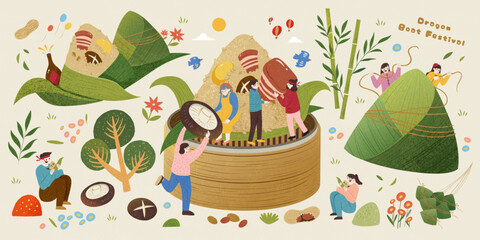 Duanwu zongzi elements of miniature people and food ingredient isolated on beige background - 784929888