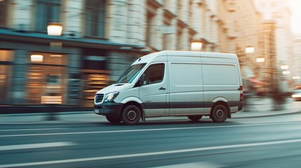 White delivery van side view on blur city street background, moving minivan in urgent fast motion, concept of logistics, food merchandise commercial delivery or post service, banner with copy space