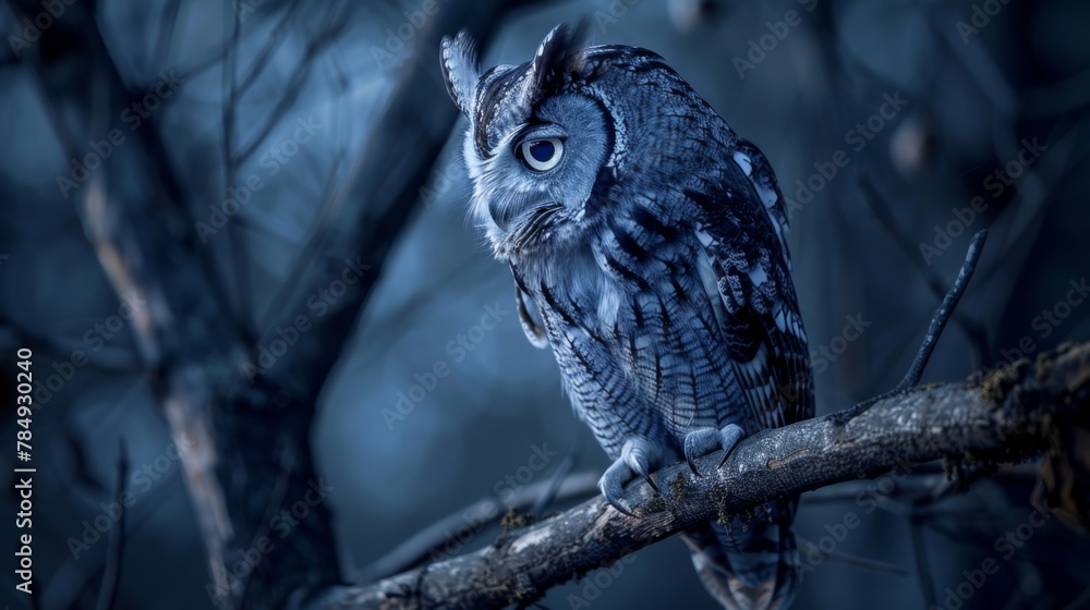 Poster an eastern screech owl is perched on a tree branch, with its sharp talons firmly gripping the wood. 