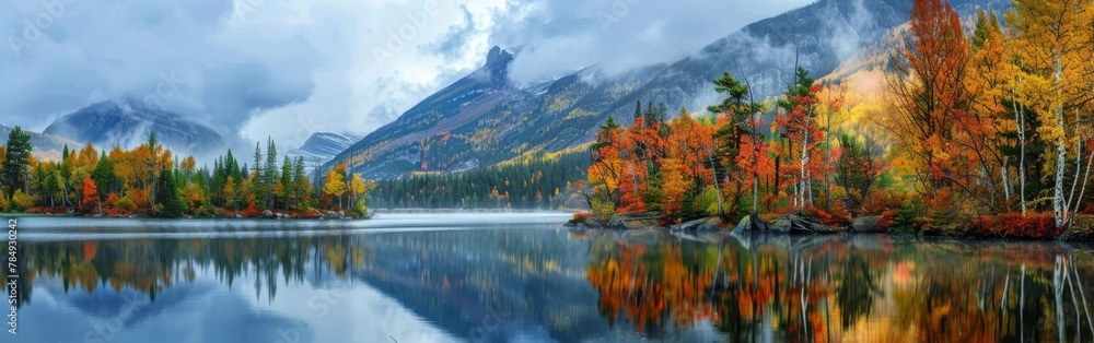 Poster a beautiful landscape with a lake and mountains in the background. the water is calm and the trees a
