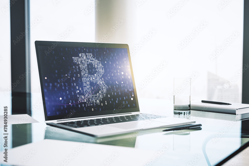 Poster creative bitcoin concept on modern laptop screen. 3d rendering