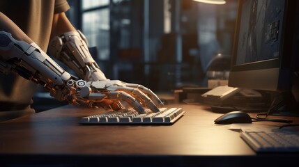 Generative AI A dedicated worker in an office environment typing on a computer, showcasing seamless integration and productivity with a prosthetic hand