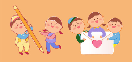Kids holding pencil and gather around love letter isolated on light orange background. - 784930275