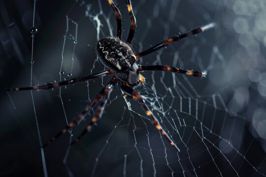 A detailed view of a Black Widow spider sitting on its intricate web, showcasing its distinct black body with red markings. The spider appears motionless, possibly waiting for prey to approach.