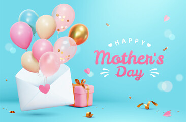 3D Mothers Day card with balloons popping out from an envelope on light blue background. - 784930401