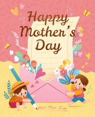 Lovely Mothers Day poster. Kids carrying bouquet and pencil in front of letter with flowers. - 784930407
