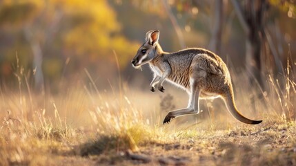 A kangaroo is captured mid-air as it jumps gracefully in a lush field, demonstrating its powerful hind legs.