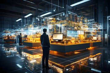 Holographic of digital Male engineer checking factory machinery on orange base background. Future technology. Monitor shows advanced technology Interface Shot in modern glass and concrete Office.
