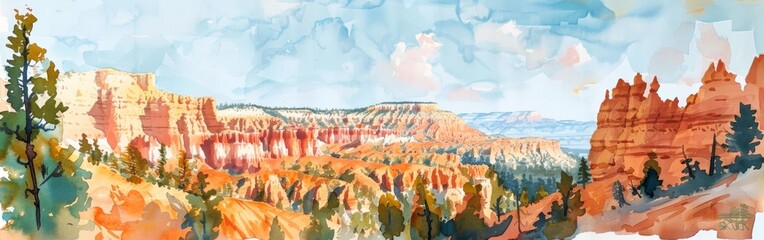A painting of a canyon with a blue sky in the background. The painting is of a landscape with a mountain range in the background - Powered by Adobe