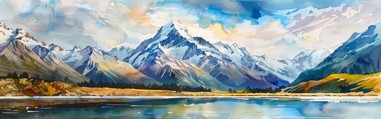 A watercolor painting depicting a majestic mountain range with a tranquil lake in the foreground. The mountains rise tall and grand, while the clear blue lake reflects their beauty.