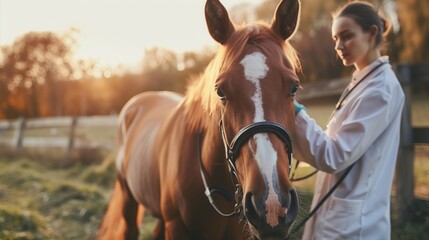 Veterinarian Conducting Horse Checkup at Sunset