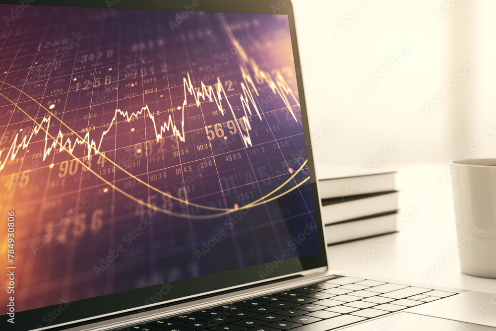 Poster Modern computer display with abstract financial graph, financial and trading concept. 3D Rendering
