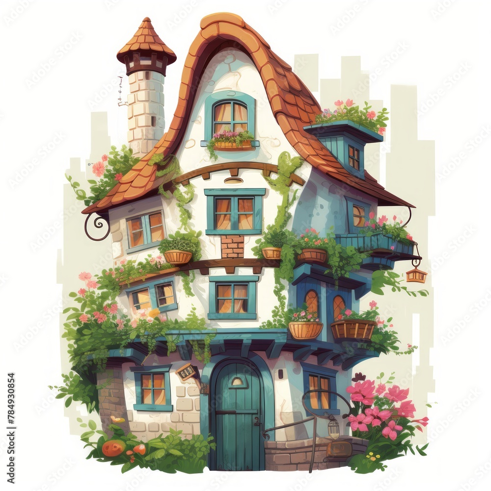 Poster Generative AI A fairytale abode featuring a vibrant rooftop garden and quaint window boxes.