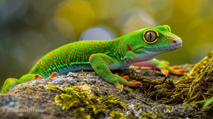 Fototapeta premium A green gecko is perched on top of a rock covered in vibrant green moss. The geckos distinctive scales and bright coloration stand out against the lush backdrop.