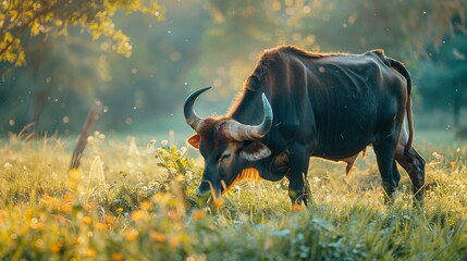 A bull with horns is grazing in a lush field. The bull is peacefully eating grass, with its sharp horns visible. The scene captures a moment of natural grazing behavior.