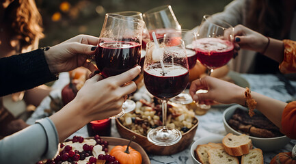 A group of friends toasting with glasses of red wine at an outdoor autumn party, surrounded by plentiful food and snacks.
