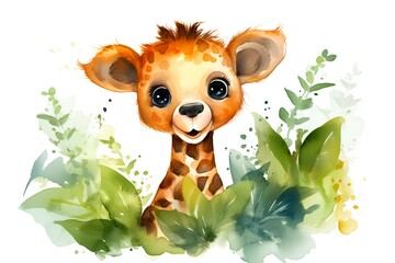 Cute cartoon giraffe with green leaves. Watercolor illustration.