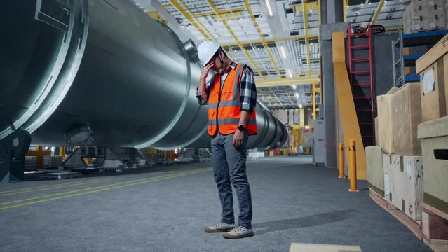 Full Body Side View Of Asian Male Engineer With Safety Helmet Having A Headache While Standing In Pipe Manufacturing Factory 
