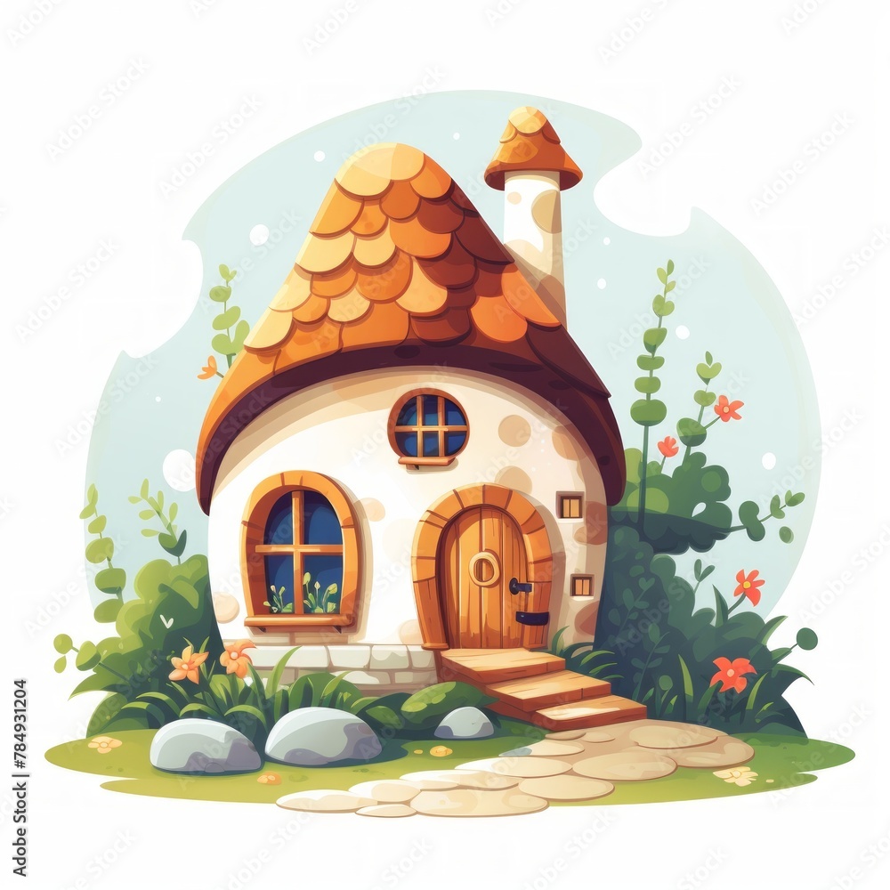 Poster Generative AI A magical tiny house with a cobblestone pathway and a cozy hearth inside.