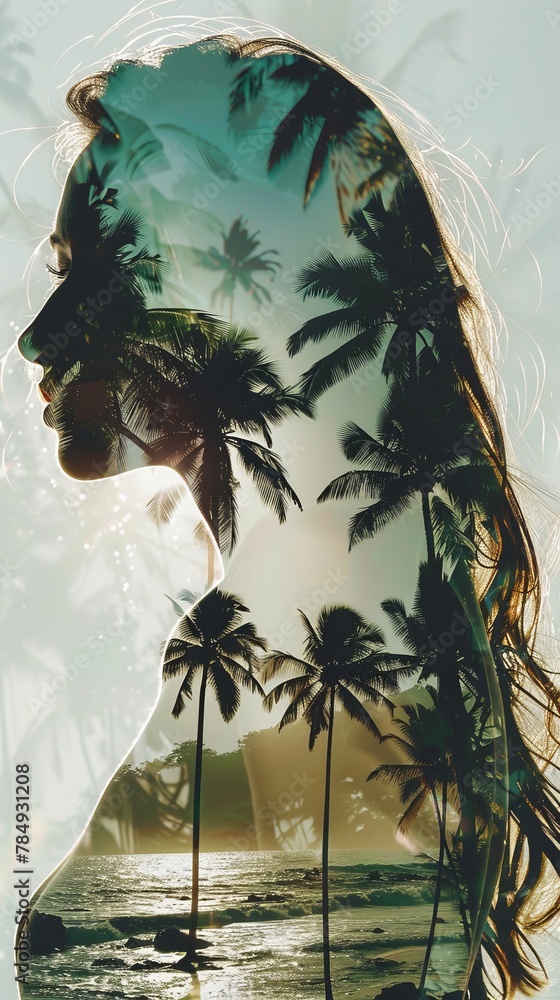 Poster a womans face is shown with a background of palm trees. the womans features are prominent against th