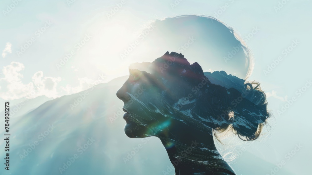 Poster a womans face is shown in the foreground with the sun shining brightly behind her, creating a striki