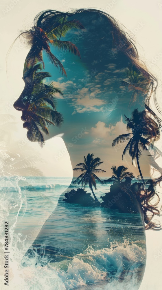 Aufkleber A side view of a womans silhouette set against a background of palm trees and the ocean. The womans features are highlighted against the tropical backdrop.