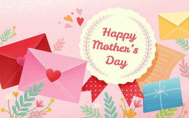 Romantic Mothers day card with badge, letters and botanical decors on light pink background. - 784931251