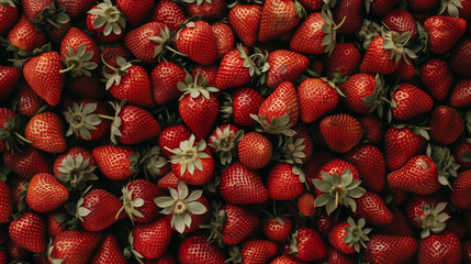 A pile of ripe strawberries with green stems, a delicious and nutritious fruit that is a staple food and a popular ingredient in various dishes