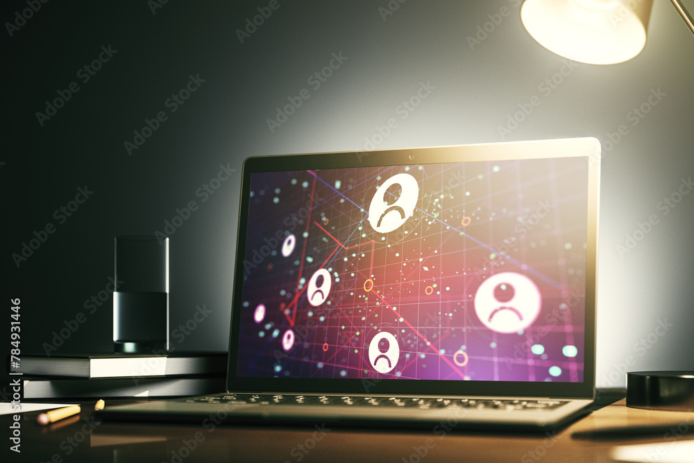 Poster social network concept on modern laptop screen. 3d rendering