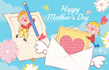Mothers Day card. Kids writing love letter on blue sky background with clouds and flowers. - 784931423