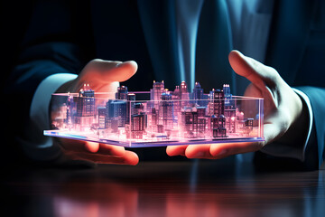 Holographic of digital hand is raising box model of presenting construction development project city building architecture in hand on light pink base background. Future modern interior for business.