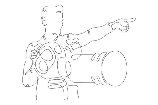 Film director on the set of a film. The director directs the work on the set. Filmmaking.One continuous line . Line art. Minimal single line.White background. One line drawing.
