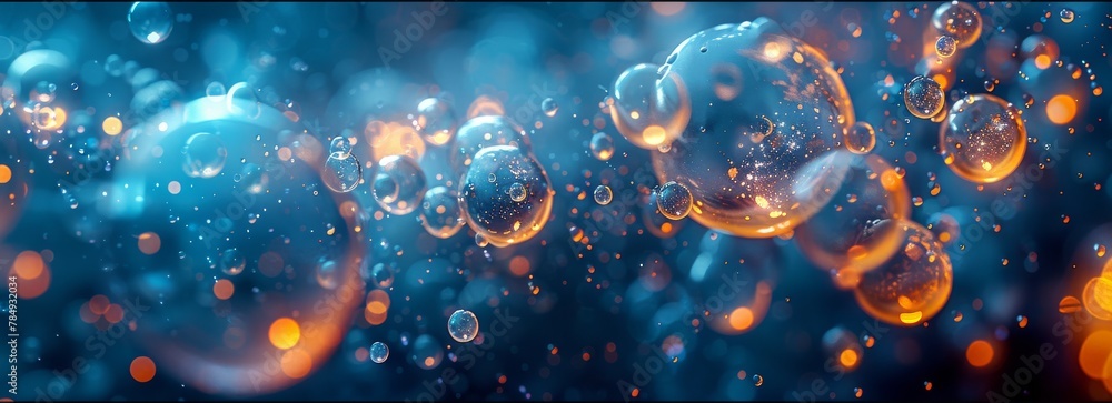 Poster A cluster of bubbles suspended in the air, glistening under natural light. The bubbles appear to be moving gently, creating a whimsical and playful atmosphere.
