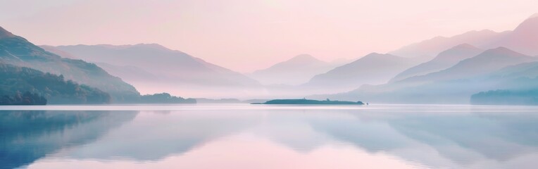 Fototapeta premium A body of water with towering mountains in the background, creating a dramatic and awe-inspiring natural landscape. The calm lake reflects the rugged peaks in the distance under a clear blue sky.