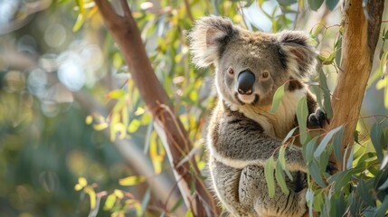 Obraz premium A koala is sitting on a tree branch. The tree is green and the sky is blue