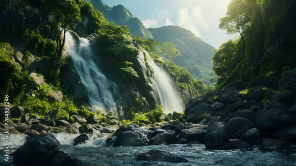 Poster Generative AI A cascading waterfall tumbling down sheer cliffs into a pristine mountain stream, amidst lush vegetation.