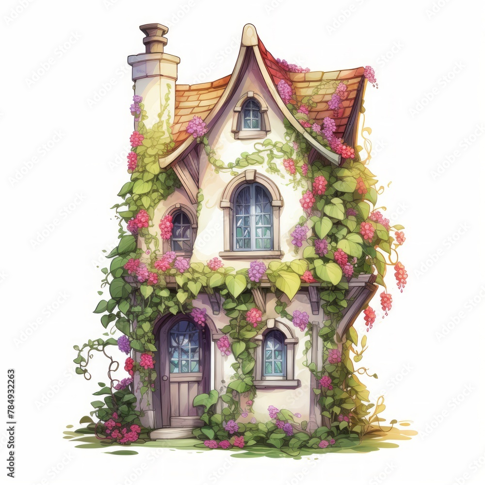 Poster Generative AI A whimsical tiny house adorned with colorful flowers and ivy crawling up the walls.