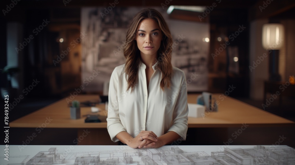 Poster Generative AI Portrait of a female architect with a scale model, presenting architectural concepts, architectural studio backdrop