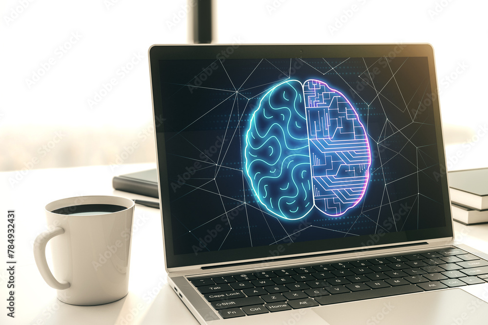 Aufkleber modern computer display with creative human brain microcircuit. future technology and ai concept. 3d