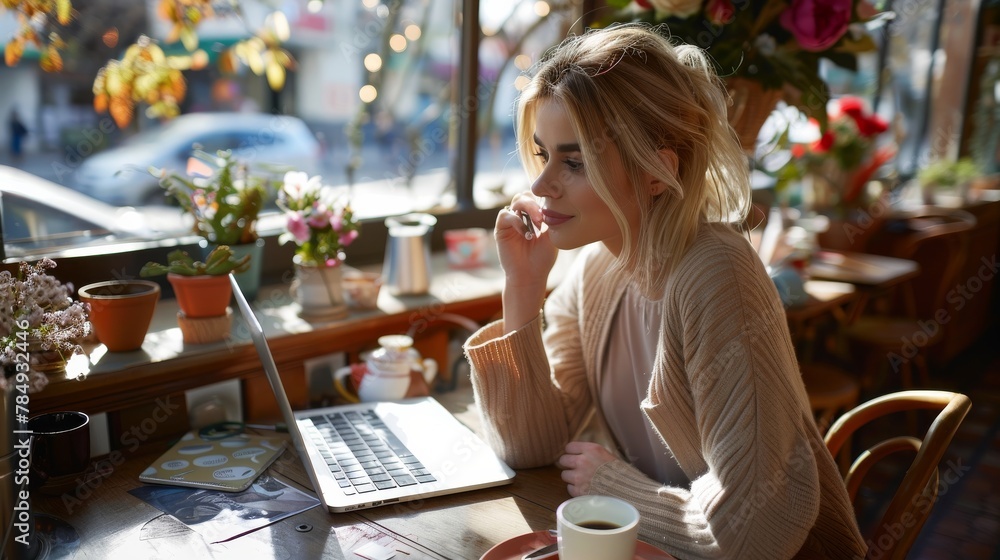 Aufkleber a woman is sitting at a table with a laptop open in front of her, engaged in work or study. she appe