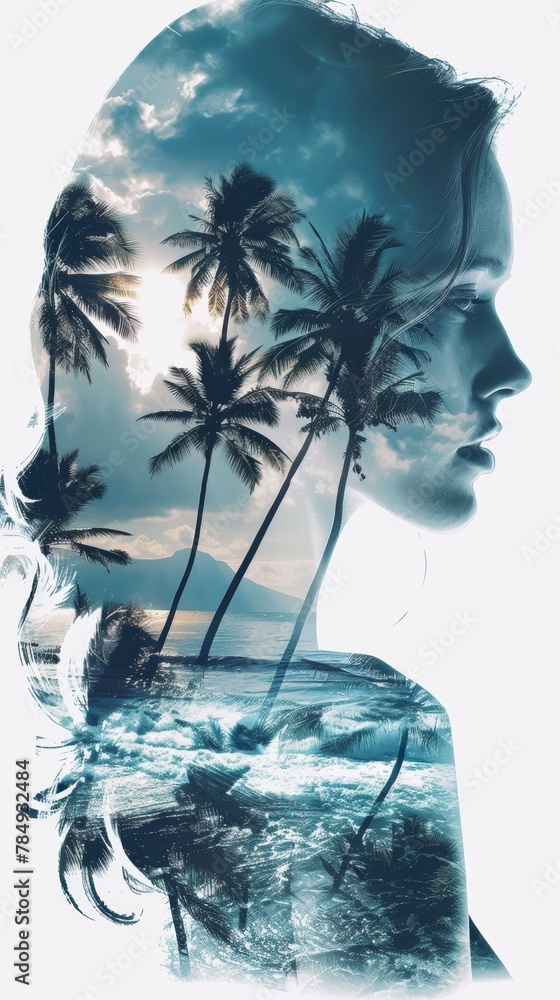 Aufkleber a double exposure showing the profile of a womans face superimposed over a backdrop of tall palm tre