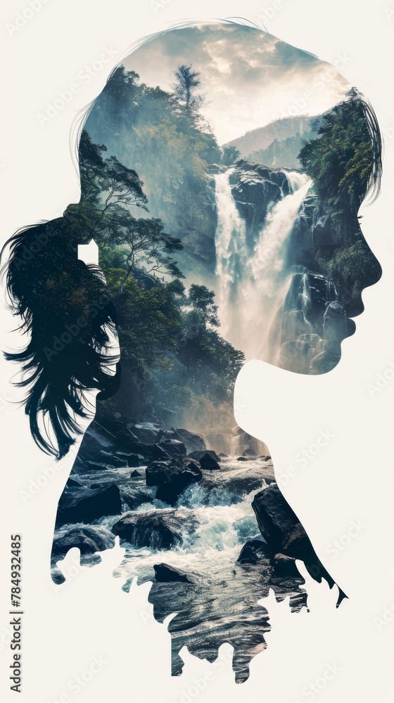 Poster A side view of a womans silhouette with a majestic waterfall in the background, creating a striking contrast between natural elements and human presence.