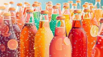 A variety of bottles of chilled fruit drinks with massive condensation drops over them, depicting being cool summer beverage and space, Generative AI.