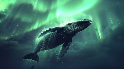 Whale breaching with dreamy aurora ,Humpback whale breaching water with breathtaking aurora shimmering on dreamy