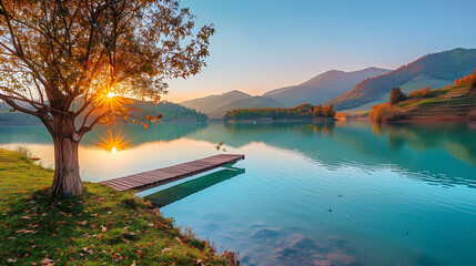Serene Lakeview at Sunset: Nature's Tranquil Beauty Immortalised in a Landscape