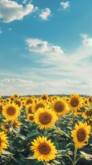 Fototapeta premium A vast expanse of sunflowers stretching out under a clear blue sky, creating a striking contrast of yellow against the vibrant backdrop.