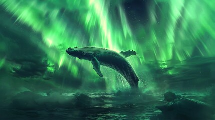 Fototapeta premium Whale breaching with dreamy aurora ,Humpback whale breaching water with breathtaking aurora shimmering on dreamy