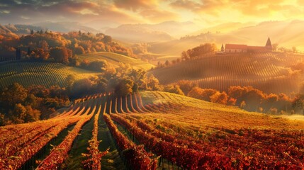 The image showcases a vineyard in the autumn season, featuring rows of grapevines with colorful...