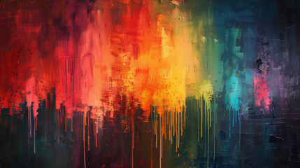 Abstract painting with vivid red, orange, and yellow drips resembling an urban scene, ai generated