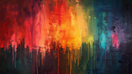 Obraz premium Abstract painting with vivid red, orange, and yellow drips resembling an urban scene, ai generated